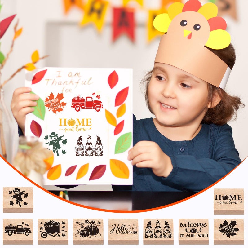 وولاين طوابع مطاطية خشبية من Whaline 9 قطع من طوابع مطاطية خشبية مع 5 ألوان وسادات حبر حرفية لخريف اليقطين جنوم DIY طوابع حرفية لتزيين حفلات عيد الشكر وصنع بطاقات القصاصات - Image 5